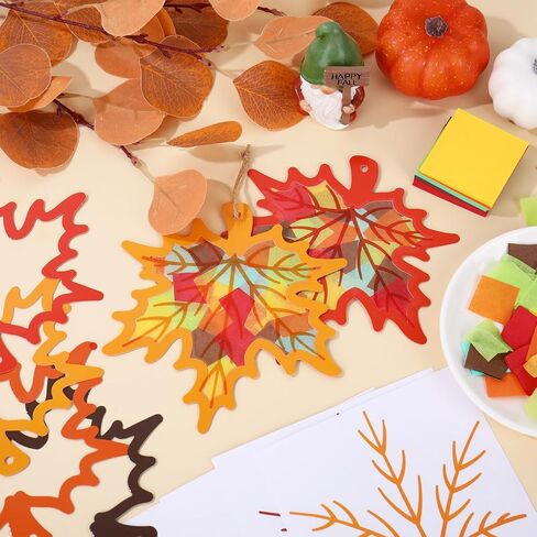 Jarthenaamcs 24 مجموعات Fall Suncatcher Trissue Paper Craft Kits DIY Autumn Maple Leaves Craft مجموعة مع ملصقات القنب الورقية لعيد الشكر ديكورات حفلة العطلة in Saudi Arabia