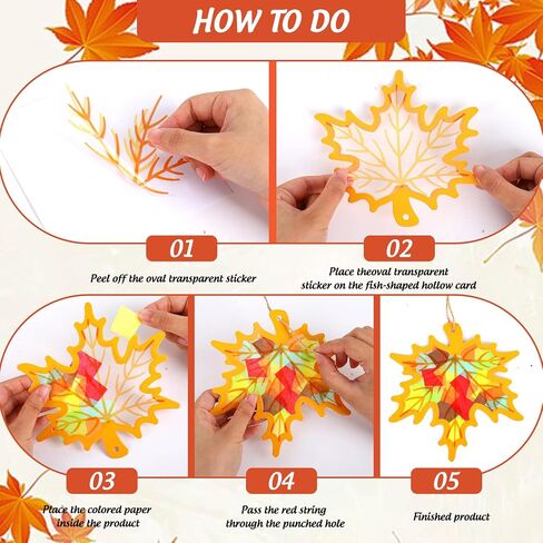 Jarthenaamcs 24 مجموعات Fall Suncatcher Trissue Paper Craft Kits DIY Autumn Maple Leaves Craft مجموعة مع ملصقات القنب الورقية لعيد الشكر ديكورات حفلة العطلة in Saudi Arabia