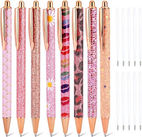 WY WENYUAN 8 Pcs Pink Sparkly Pens for Women - Cute Glitter Ballpoint Pens with 10 Refills, Elegant Girl Pens for Office, School, Christmas & Graduation Gifts (Pink Shimmering) in Kuwait