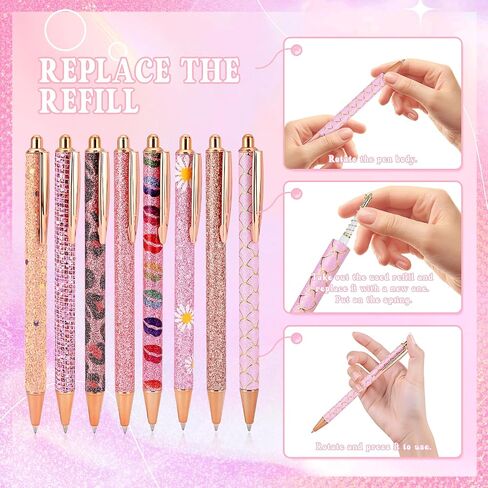 WY WENYUAN 8 Pcs Pink Sparkly Pens for Women - Cute Glitter Ballpoint Pens with 10 Refills, Elegant Girl Pens for Office, School, Christmas & Graduation Gifts (Pink Shimmering) in Kuwait