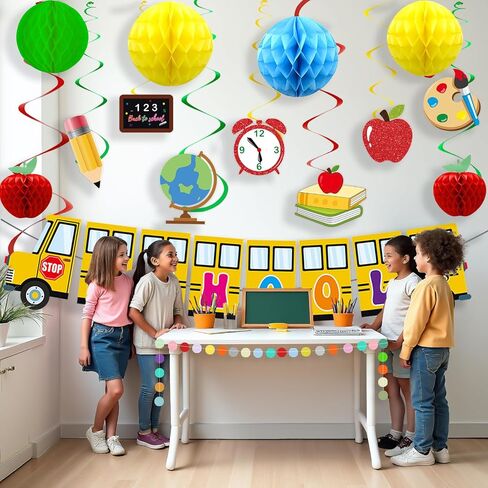Back to School Decorations First Day of School Decorations with Welcome Back School Banner, Honeycomb Apples, Hanging Swirls for Kindergarten and School Party Supplies in Kuwait