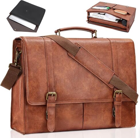 ESTARER Men's Messenger Bag for 15.6 Inch Laptop, Water-resistant Vintage Pu Leather Briefcase with Laptop Sleeve, Large Satchel Bag Computer Shoulder Bag for Work/Travel/College (2Pcs, Brown) in Kuwait