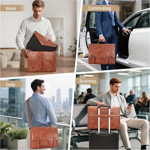ESTARER Men's Messenger Bag for 15.6 Inch Laptop, Water-resistant Vintage Pu Leather Briefcase with Laptop Sleeve, Large Satchel Bag Computer Shoulder Bag for Work/Travel/College (2Pcs, Brown) in Kuwait