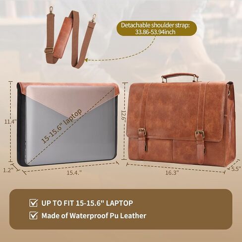 ESTARER Men's Messenger Bag for 15.6 Inch Laptop, Water-resistant Vintage Pu Leather Briefcase with Laptop Sleeve, Large Satchel Bag Computer Shoulder Bag for Work/Travel/College (2Pcs, Brown) in Kuwait