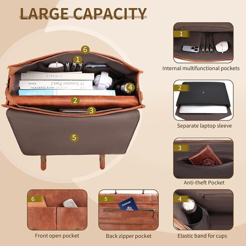 ESTARER Men's Messenger Bag for 15.6 Inch Laptop, Water-resistant Vintage Pu Leather Briefcase with Laptop Sleeve, Large Satchel Bag Computer Shoulder Bag for Work/Travel/College (2Pcs, Brown) in Kuwait
