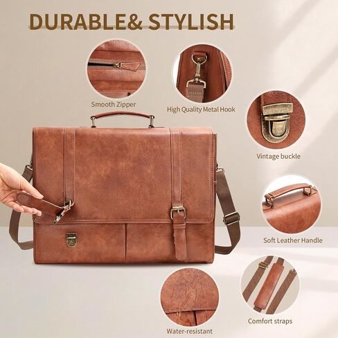 ESTARER Men's Messenger Bag for 15.6 Inch Laptop, Water-resistant Vintage Pu Leather Briefcase with Laptop Sleeve, Large Satchel Bag Computer Shoulder Bag for Work/Travel/College (2Pcs, Brown) in Kuwait