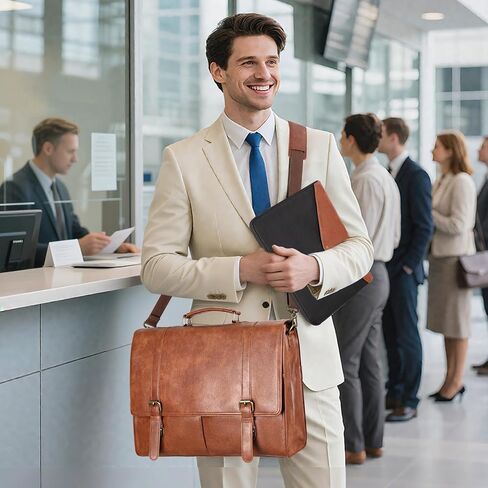 ESTARER Men's Messenger Bag for 15.6 Inch Laptop, Water-resistant Vintage Pu Leather Briefcase with Laptop Sleeve, Large Satchel Bag Computer Shoulder Bag for Work/Travel/College (2Pcs, Brown) in Kuwait