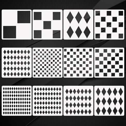 12PCS Diamond Checkerboard Stencils – Harlequin Square Pattern Reusable Templates in Assorted Sizes for Painting on Wood, Walls, Furniture, Crafts & DIY Projects in Saudi Arabia