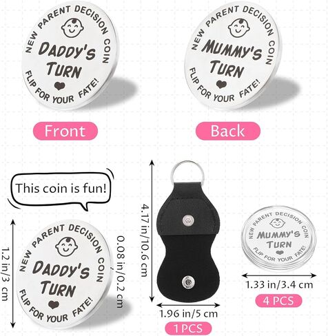 4 PCS عملة قرار مزدوجة الجوانب ، مجموعة جديدة من الآباء والأمهات Flip Daddy's Turn Mommy Coin Coin Funny Cute Baby Decision Coins مع صندوق تخزين للجلد لحمل استحمام الطفل لأول مرة يوم الأمهات in Kuwait