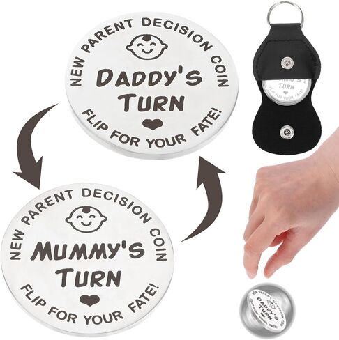 4 PCS عملة قرار مزدوجة الجوانب ، مجموعة جديدة من الآباء والأمهات Flip Daddy's Turn Mommy Coin Coin Funny Cute Baby Decision Coins مع صندوق تخزين للجلد لحمل استحمام الطفل لأول مرة يوم الأمهات in Kuwait