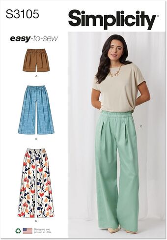 Simplicity SS3105A Misses' Pull-on Shorts and Pants Sewing Pattern Packet, Design Code S3105, Sizes XS-S-M-L-XL-XXL in Saudi Arabia