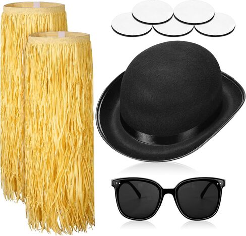 3 Pcs Halloween Black Bowler Derby Hat raffia Hula Skirt Polarized Sunglasses Set Bowler Hat for Men Women Hawaiian Hula Skirt Trendy Sunglasses for Costume Party in Kuwait