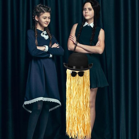 3 Pcs Halloween Black Bowler Derby Hat raffia Hula Skirt Polarized Sunglasses Set Bowler Hat for Men Women Hawaiian Hula Skirt Trendy Sunglasses for Costume Party in Kuwait