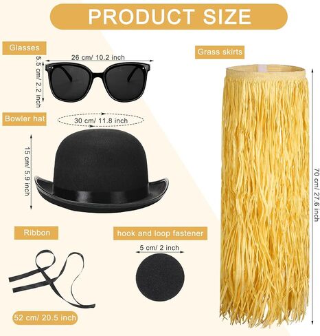 3 Pcs Halloween Black Bowler Derby Hat raffia Hula Skirt Polarized Sunglasses Set Bowler Hat for Men Women Hawaiian Hula Skirt Trendy Sunglasses for Costume Party in Kuwait