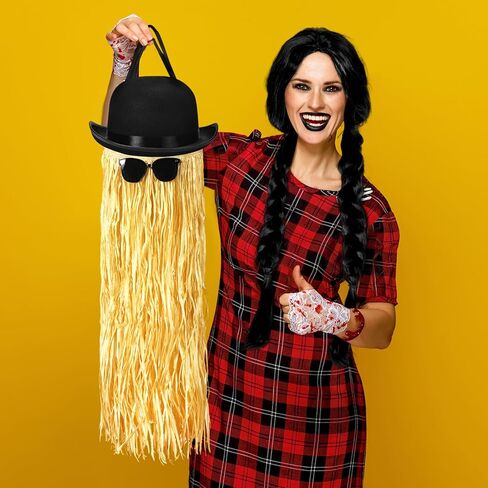 3 Pcs Halloween Black Bowler Derby Hat raffia Hula Skirt Polarized Sunglasses Set Bowler Hat for Men Women Hawaiian Hula Skirt Trendy Sunglasses for Costume Party in Kuwait