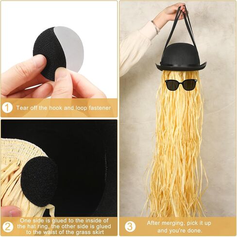 3 Pcs Halloween Black Bowler Derby Hat raffia Hula Skirt Polarized Sunglasses Set Bowler Hat for Men Women Hawaiian Hula Skirt Trendy Sunglasses for Costume Party in Kuwait