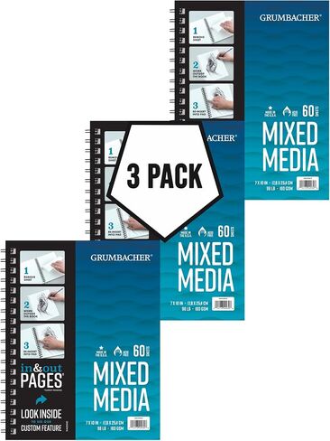 Grumbacher 7" x 10" Mixed Media Paper Pad with in & Out Pages, 160 GSM, Side Wire Bound, 50 White Sheets/Pad, 3-Pack in Saudi Arabia