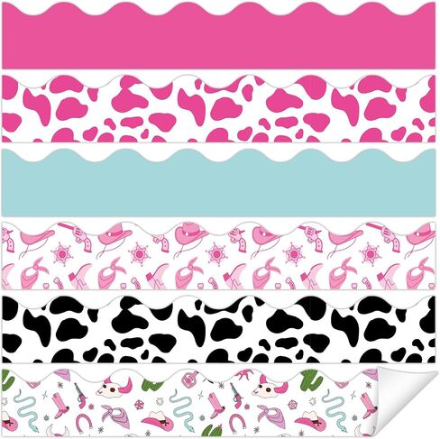 60Pcs Western Cowgirl Bulletin Board Border Western Theme Pink Cowgirl Classroom Decoration Wild West Boots Cow Print Bulletin Scalloped Border Trim Stickers for Chalkboard Wall Decor 11.8 X 2.4in in Saudi Arabia