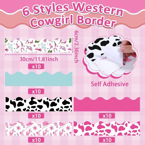 60Pcs Western Cowgirl Bulletin Board Border Western Theme Pink Cowgirl Classroom Decoration Wild West Boots Cow Print Bulletin Scalloped Border Trim Stickers for Chalkboard Wall Decor 11.8 X 2.4in in Saudi Arabia