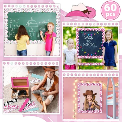 60Pcs Western Cowgirl Bulletin Board Border Western Theme Pink Cowgirl Classroom Decoration Wild West Boots Cow Print Bulletin Scalloped Border Trim Stickers for Chalkboard Wall Decor 11.8 X 2.4in in Saudi Arabia