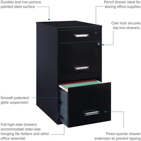 Scranton & Co 27.32" H x 18" D 3-Drawer Modern Metal File Cabinet with Pencil-Drawer, High-Sides, Letter Size, Patented Glide Suspension, for Small Office/Home Office, in Black in Kuwait