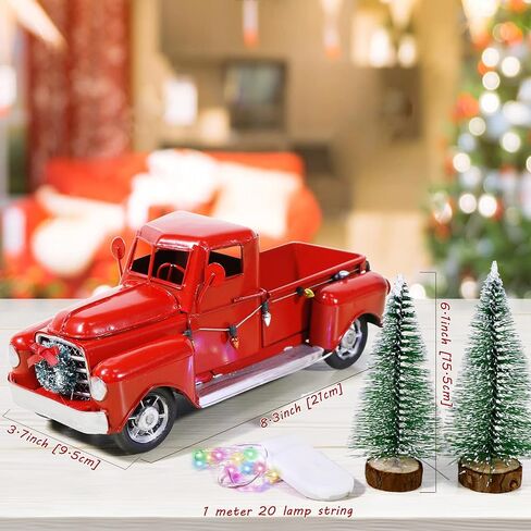 AerWo Red Christmas Truck, Little Red Truck Christmas Decor with 2 Mini Christmas Trees and LED String Lights, Red Metal Pickup Truck Car Model for Christmas Decorations Table Top Decor in Saudi Arabia