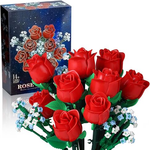 Red Rose Bouquet Building Set - DIY 648pcs Mini Block Kits for Adults & Kids, Artificial Flowers for Home Office Decor in Saudi Arabia