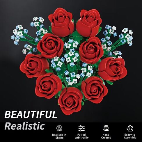 Red Rose Bouquet Building Set - DIY 648pcs Mini Block Kits for Adults & Kids, Artificial Flowers for Home Office Decor in Saudi Arabia