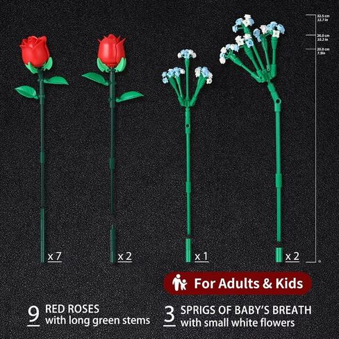 Red Rose Bouquet Building Set - DIY 648pcs Mini Block Kits for Adults & Kids, Artificial Flowers for Home Office Decor in Saudi Arabia
