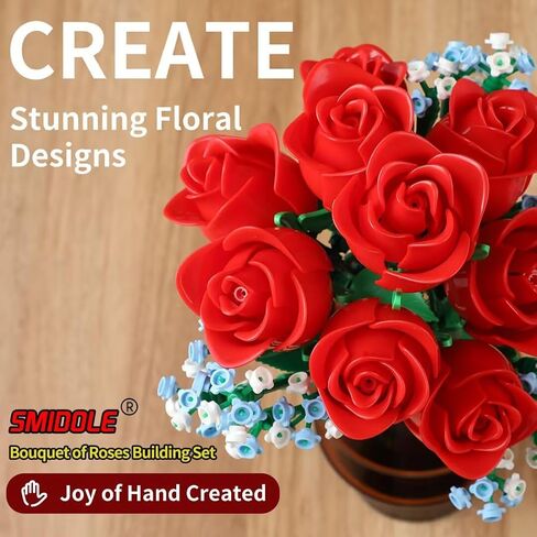 Red Rose Bouquet Building Set - DIY 648pcs Mini Block Kits for Adults & Kids, Artificial Flowers for Home Office Decor in Saudi Arabia