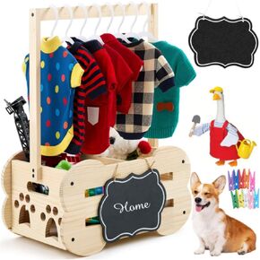 Wooden Dog Wardrobe Closet 20"x15"x9" Pet Goose Outfit Toy Storage Basket Crate with Hanging Rod Bone Shape Organizer Closet for Dog Toy Clothes Accessories with 8 Hanger 10 Clip 1 Small Blackboard in Kuwait