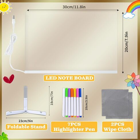 LED Note Board مع ألوان ، لوح محو جاف الأكريليك مع الضوء ، 2025 لوحة الرسم LED متوهجة للأطفال ، لا تقود على متنها مع حامل و 7 علامات ملونة للمنزل Office ، 11.8 "× 7.9" in Kuwait