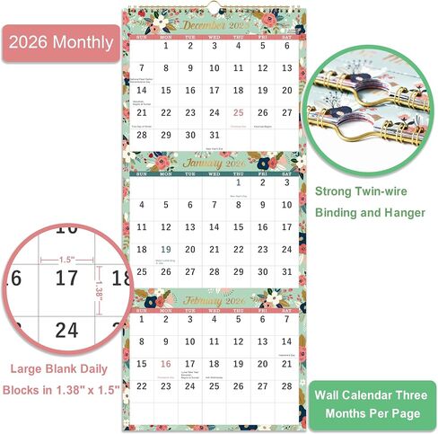 2026 Calendar - 2026 Wall Calendar, 3-Month Wall Calendar Display (Folded in a Month), Jan. 2026 - Dec. 2026, 11" x 26", 3 Month Calendar - Floral in Saudi Arabia