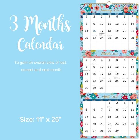 2026 Calendar - 2026 Wall Calendar, 3-Month Wall Calendar Display (Folded in a Month), Jan. 2026 - Dec. 2026, 11" x 26", 3 Month Calendar - Floral in Saudi Arabia
