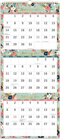 2026 Calendar - 2026 Wall Calendar, 3-Month Wall Calendar Display (Folded in a Month), Jan. 2026 - Dec. 2026, 11" x 26", 3 Month Calendar - Floral in Saudi Arabia