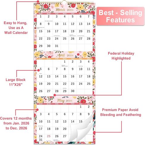2026 Calendar - 2026 Wall Calendar, 3-Month Wall Calendar Display (Folded in a Month), Jan. 2026 - Dec. 2026, 11" x 26", 3 Month Calendar - Floral in Saudi Arabia