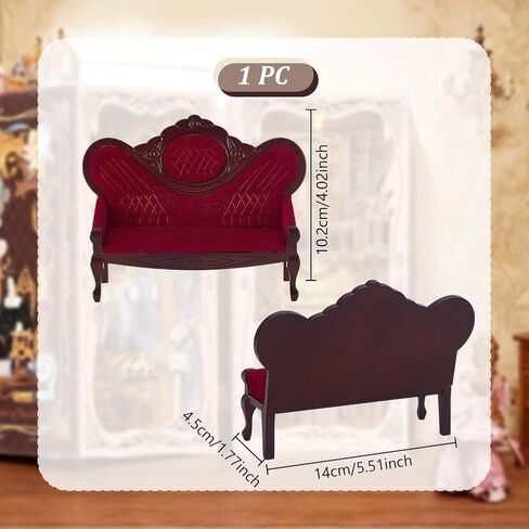 AHANDMAKER Dollhouse Furniture Miniature Accessories, 1/12 Scale Mini House Vintage Red Wooden Carved Sofa Bench Armchairs for Dollhouse Living Room Scene Simulation Craft Decoration Party in Saudi Arabia