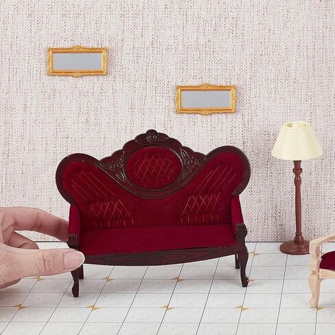 AHANDMAKER Dollhouse Furniture Miniature Accessories, 1/12 Scale Mini House Vintage Red Wooden Carved Sofa Bench Armchairs for Dollhouse Living Room Scene Simulation Craft Decoration Party in Saudi Arabia