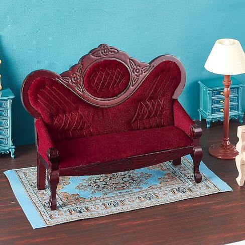 AHANDMAKER Dollhouse Furniture Miniature Accessories, 1/12 Scale Mini House Vintage Red Wooden Carved Sofa Bench Armchairs for Dollhouse Living Room Scene Simulation Craft Decoration Party in Saudi Arabia