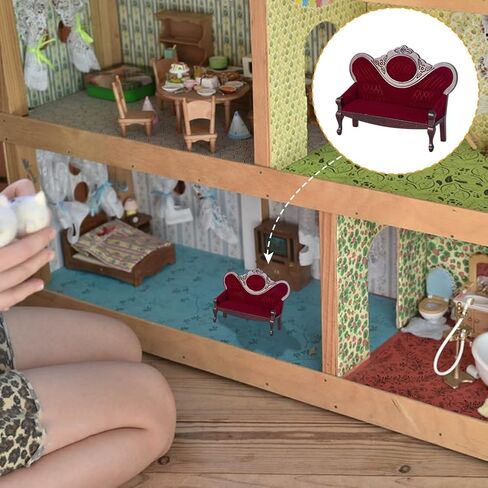 AHANDMAKER Dollhouse Furniture Miniature Accessories, 1/12 Scale Mini House Vintage Red Wooden Carved Sofa Bench Armchairs for Dollhouse Living Room Scene Simulation Craft Decoration Party in Saudi Arabia