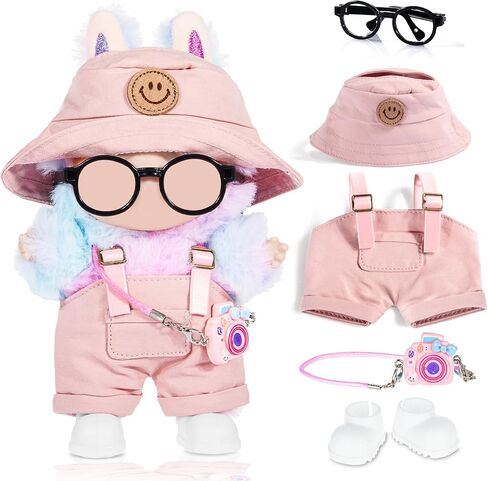 17cm Doll Clothes & Accessories Set Include: Hat, Overall, Shoes, Glasses and Bag- Cute Clothes for Dress up Unique Style (Doll Not Included), Pink in Kuwait