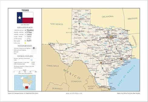 13x19 Texas General Reference Wall Map - Anchor Maps USA Foundational Series - Cities, Roads, Physical Features, and Topography [Rolled] in Saudi Arabia
