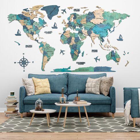 3D Wooden World Map, Wood Wall Map, Housewarming Gift, World Map, Wall Art Decor, Wooden Travel Map, Birthday Gift (Green) (L) in Saudi Arabia