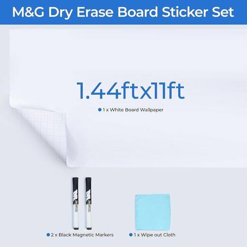 M&G White Board Wallpaper Dry Erase Board for Wall, 3 ft x 4 ft Whiteboard Peel and Stick Wallpaper, Dry Erase Contact Paper with 3 Markers and Wipe Out Cloth (Inside The Roll), No Ghosting in Saudi Arabia