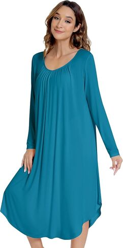 NACHILA Bamboo Nightgowns for Women Long Sleeve Sleep Shirt Ultra Soft Loungewear with V Neck Lightweight Sleepwear S-4XL in Kuwait