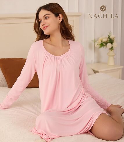 NACHILA Bamboo Nightgowns for Women Long Sleeve Sleep Shirt Ultra Soft Loungewear with V Neck Lightweight Sleepwear S-4XL in Kuwait