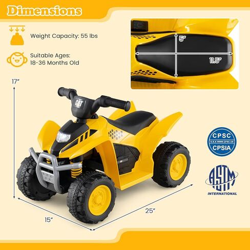 Costzon Kids ATV, 6V CAT Licensed Four Wheeler Quad Car Toy with LED Headlight, Horn, Treaded Tires, 4 Wheeler Electric ATV Ride on for 18-36 Months Boys Girls, Yellow in Saudi Arabia