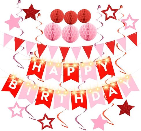Birthday Decorations,Blue Happy Birthday Banner with Fairy lights,Pennant Banner,Honeycomb Balls and Star Hanging Swirls Streamer Happy Birthday Party Decorations for Women Men Boys Girls in Saudi Arabia