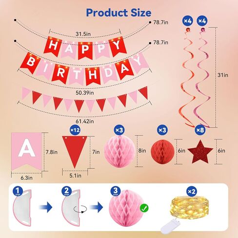 Birthday Decorations,Blue Happy Birthday Banner with Fairy lights,Pennant Banner,Honeycomb Balls and Star Hanging Swirls Streamer Happy Birthday Party Decorations for Women Men Boys Girls in Saudi Arabia
