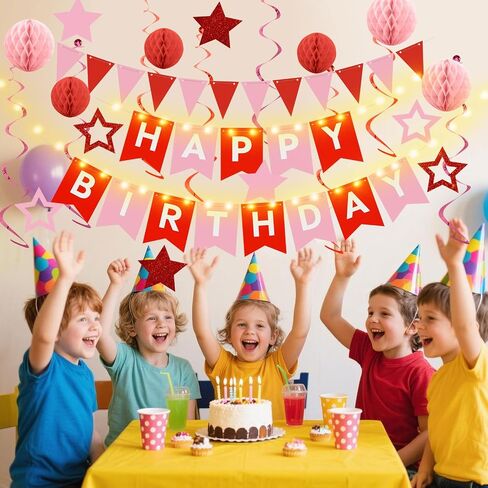 Birthday Decorations,Blue Happy Birthday Banner with Fairy lights,Pennant Banner,Honeycomb Balls and Star Hanging Swirls Streamer Happy Birthday Party Decorations for Women Men Boys Girls in Saudi Arabia